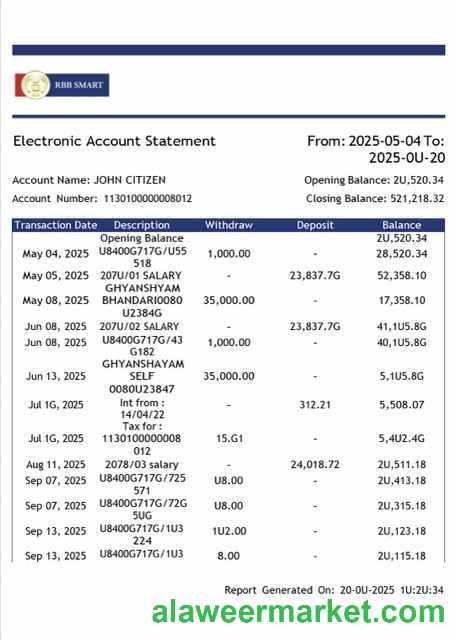 India RBB Smart Bank electronic account statement Word and PDF template